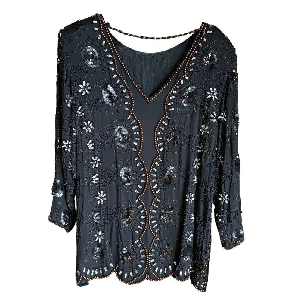 Vintage JLB Silk Black Beaded Sequin Tunic Top Size L (approx) 80's 90's Holiday - Picture 8 of 15